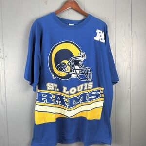 Vintage St Louis Rams NFL‎ Shirt 2XL Blue Crew Neck Made USA 90s Single Stitch